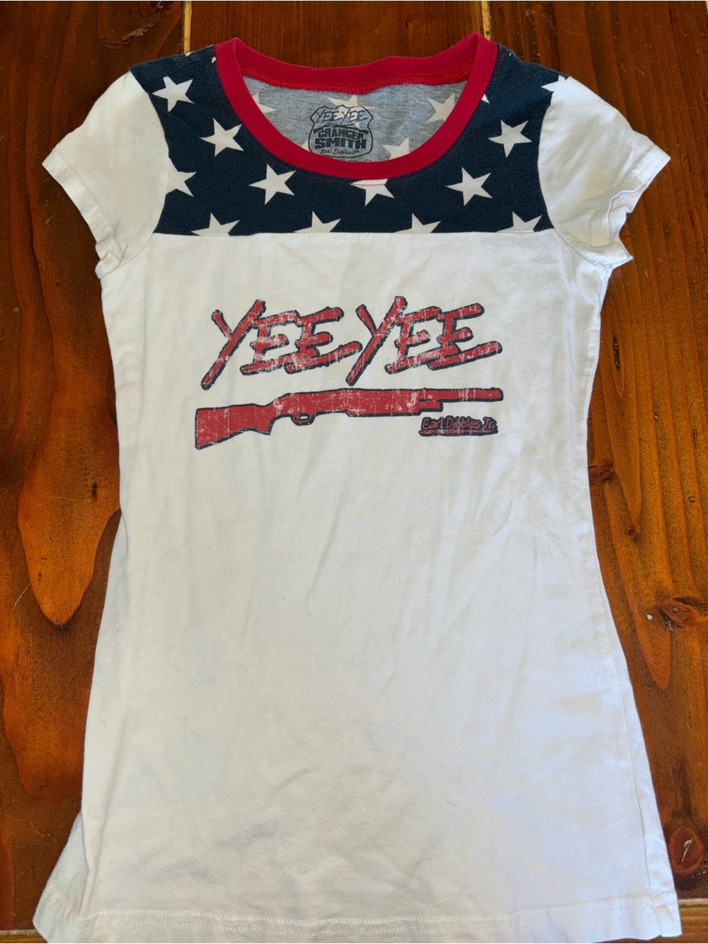Yee Yee Woman’s' White Short-Sleeve Graphic Tee with Navy Star Yoke and Red Trim